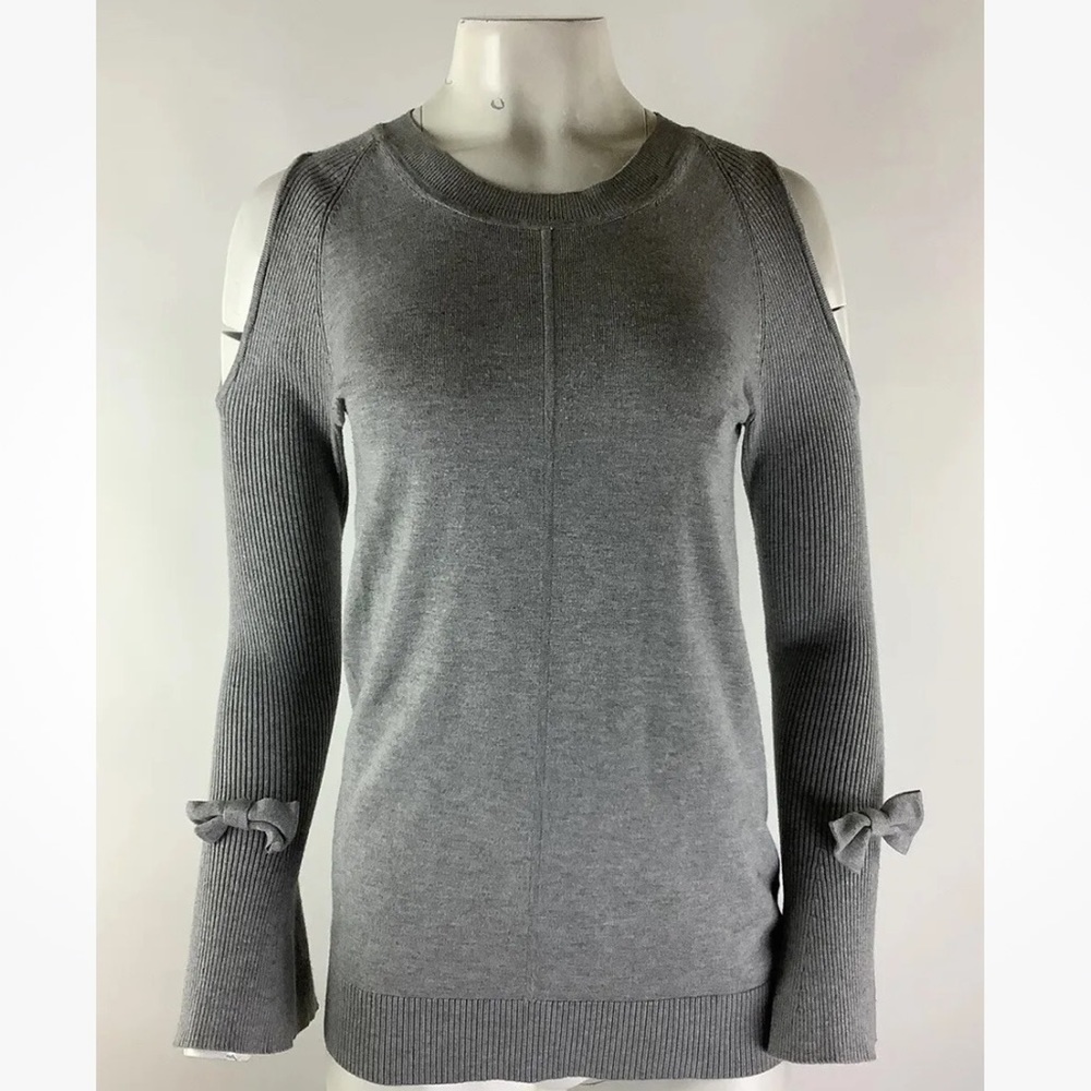 Karl Lagerfeld Paris Sz XS Cold Shoulder Sweater Gray Rayon Nylon Bow Detail